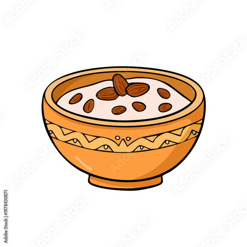 A cartoon illustration of a rustic terracotta bowl filled with creamy pudding and topped with almonds and raisins.