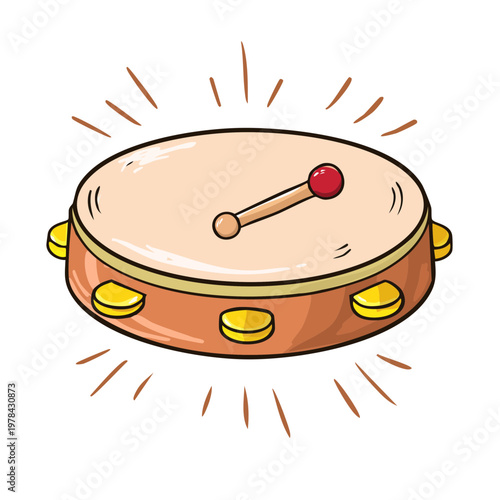 Cartoon musical instrument with a stick and jingles on its side creating a sound effect
