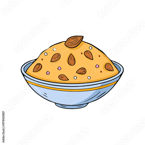 Delicious bowl of traditional Indian halwa dessert topped with almonds and colorful sprinkles