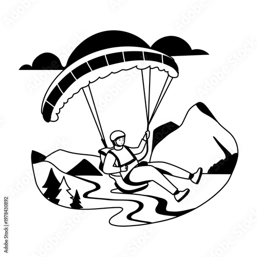 This glyph illustration shows a person paragliding over a beautiful mountain landscape


