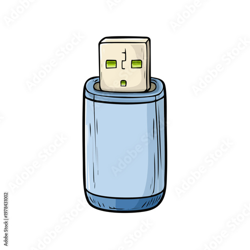 Hand-drawn illustration of a blue USB flash drive with a neutral expression