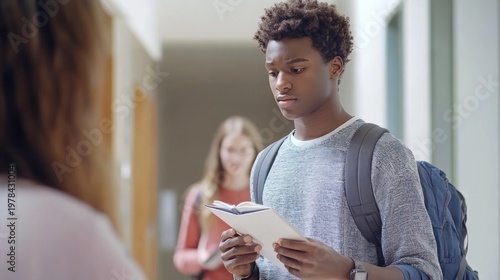 Teenager reading in school hallway