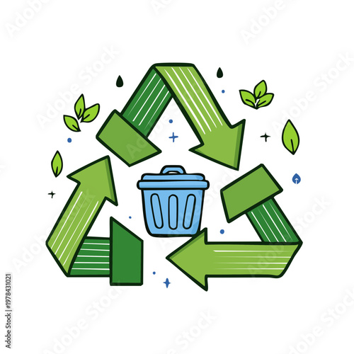 Green recycling symbol surrounds a blue trash can amidst leaves and dew drops for environmental protection concept