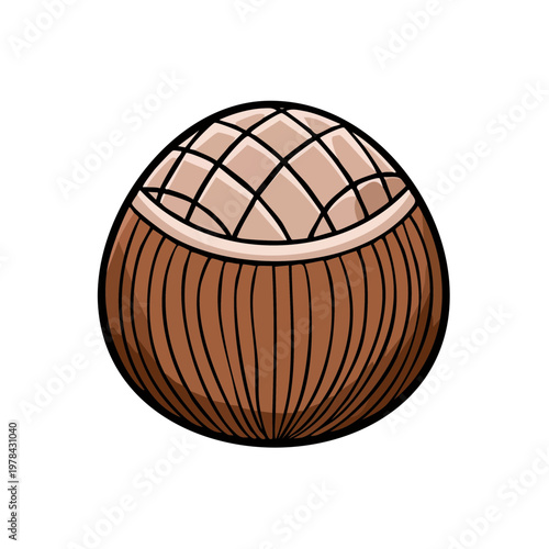 Illustration of a single whole roasted hazelnut with a hatched cap and textured shell isolated on white