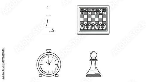 Chess Elements Icon Set: An elegant set of black-and-white icons illustrating key chess elements, ideal for design, strategy, and intellectual themes.
