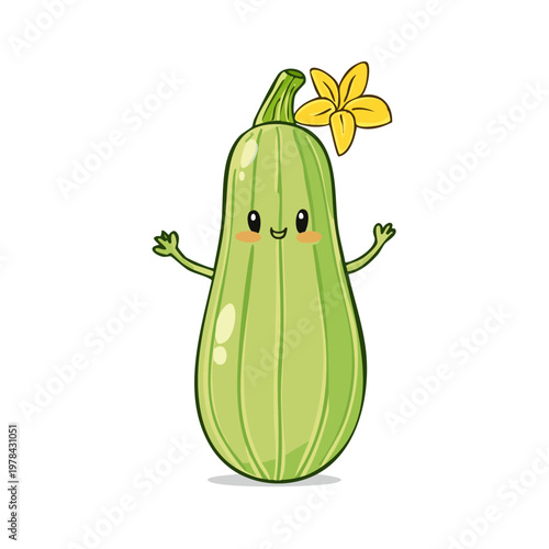 Cute cartoon zucchini with a flower and happy face illustration