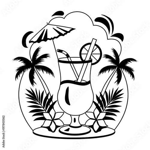 A glyph illustration shows a refreshing tropical cocktail with a colourful umbrella, orange slice, and straw

