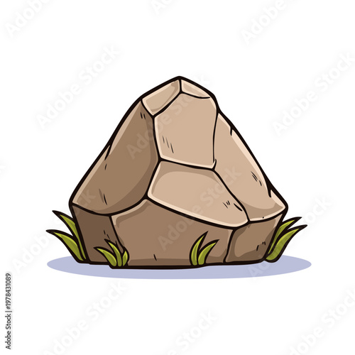Cartoon of a large, faceted brown rock with green grass growing around its base