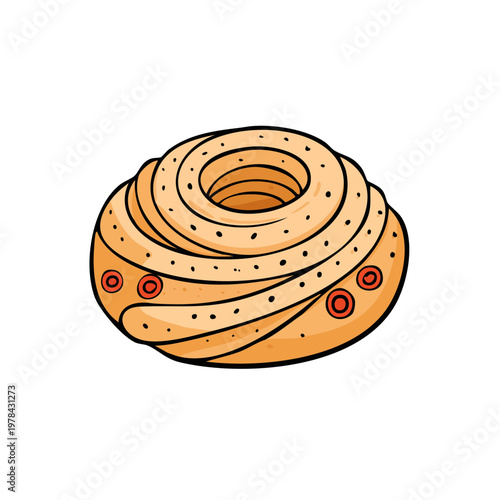 Hand drawn illustration of a circular pastry with a hole in the center sprinkled with cinnamon and filled with berries