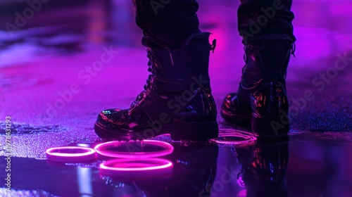Dark boots in a puddle, neon pink rings