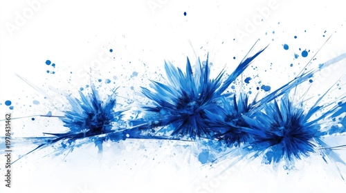 Abstract splatter art;  blue crystalline shapes on white background