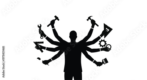 multitasking worker with many tools silhouette
