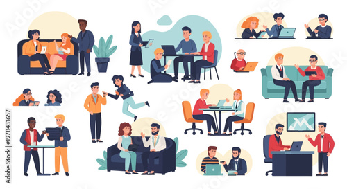 Diverse people collaborating in modern office spaces, discussing ideas and working on laptops