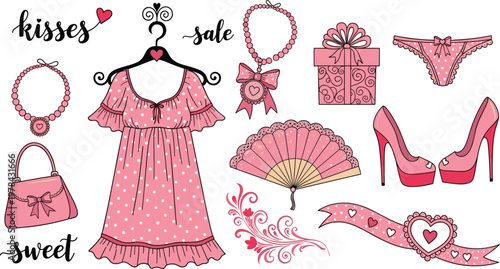 Pink feminine fashion collection vector illustration featuring polka dot dress high heels jewelry gift box and romantic accessories for Valentine's Day boutique sale and greeting card design.