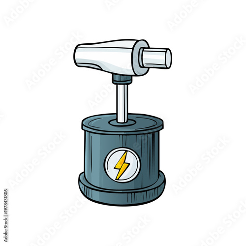 Cartoon illustration of a vintage detonator with a lightning bolt symbol for power