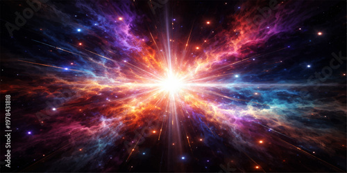 A bright nebula glows within a dark abstract space background where stars and energy explosions shine across a deep blue and purple fantasy universe galaxy