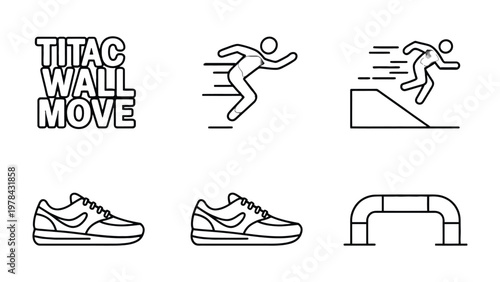 Parkour Graphics: Illustrative parkour elements, showcasing athletic figures in motion, sneakers and various obstacles essential to the sport, embodying agility and urban exploration.