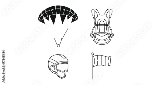 Skydiving Elements: An illustration depicting various essential elements for skydiving, encompassing the parachute, harness, helmet, and windsock. A clean.
