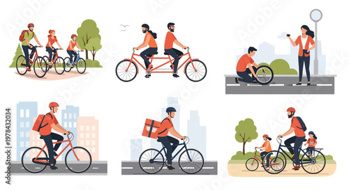 Diverse People Cycling: Family, Couples, Delivery, City Life