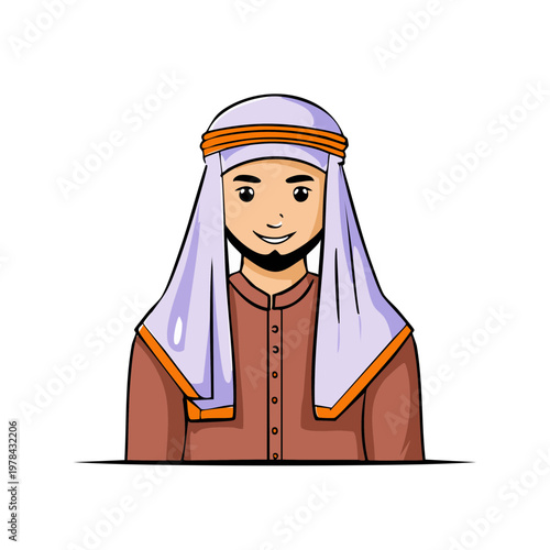 Animated Arab Man Wearing Traditional Headwear and Robe Smiling
