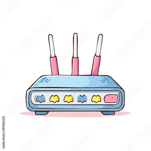 Cartoon wireless router with antennas for internet connection and data transmission