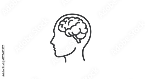 A simple line drawing depicts a human head in profile with a detailed brain inside