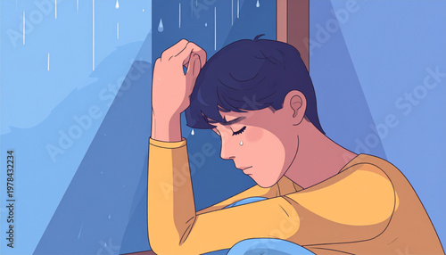 Minimalist Sad Person Animation Sitting by Rainy Window, Emotional Loneliness, Mental Health Awareness Loop