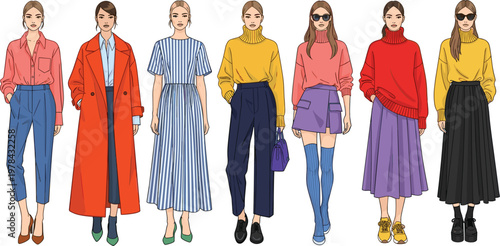 Beautiful collection of modern woman fashion sketches featuring colorful autumn and winter outfits including coats sweaters long skirts and stylish seasonal apparel for design.