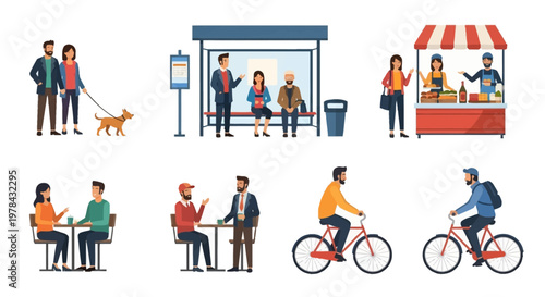 Diverse People Enjoying City Life: Walking Dog, Bus Stop, Food Stall, Cafe, Cycling