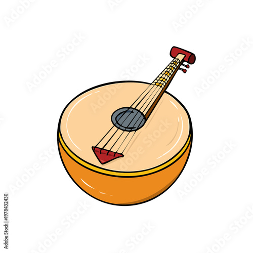 Stylized illustration of a traditional round stringed musical instrument