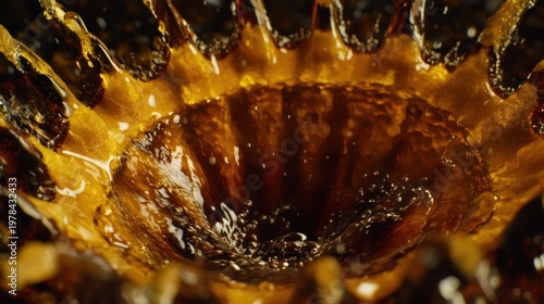 Golden liquid splash, dramatic close-up