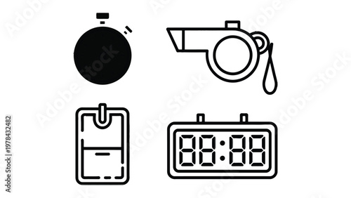 Sports Essentials: Set of sport time measuring tools, stopwatch, Whistle, and other instruments essential to the world of sports. Precise equipment for competitions and training.