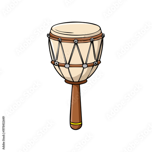 Handheld African drum with wooden handle and string tensioned skin head for rhythmic music