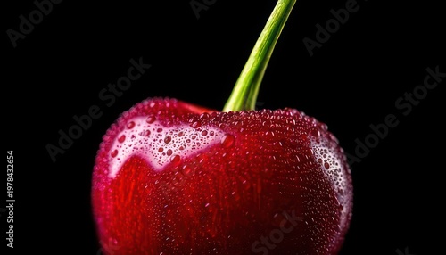 Close-up of a Ripe Red Cherry with Water Droplets on a Black Background.