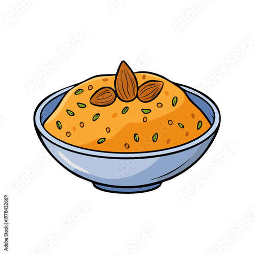 Bowl of sweet dessert with almonds and seeds, hand-drawn illustration