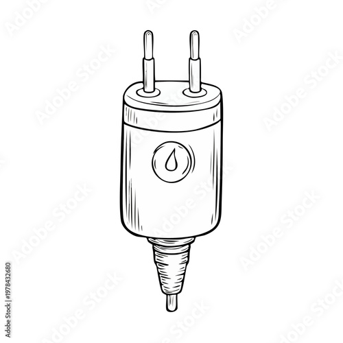 Hand drawn illustration of a portable water filter with a drop symbol and electrical prongs