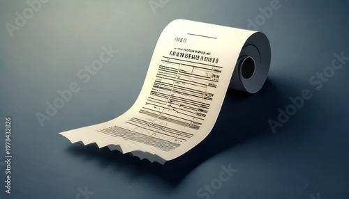 Close-up of a rolled-up receipt on a blue surface.
