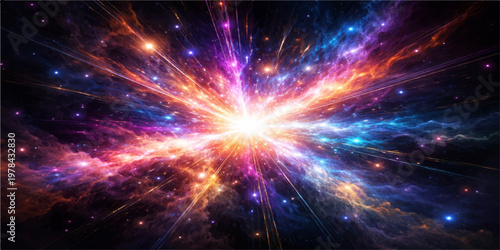 An abstract galaxy nebula background features a bright purple and blue fractal pattern with glowing stars and motion energy flashes across a dark night sky illustration