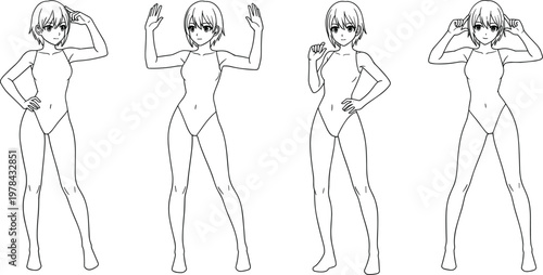 Set of anime girl characters in swimwear poses wearing one piece swimsuits technical line art sketch for manga drawing tutorials fashion design templates and character concept development.