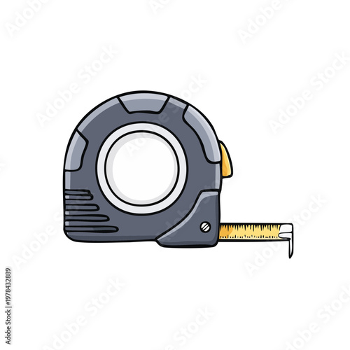 Handheld retractable measuring tape with metal ruler extended for measurements on white.