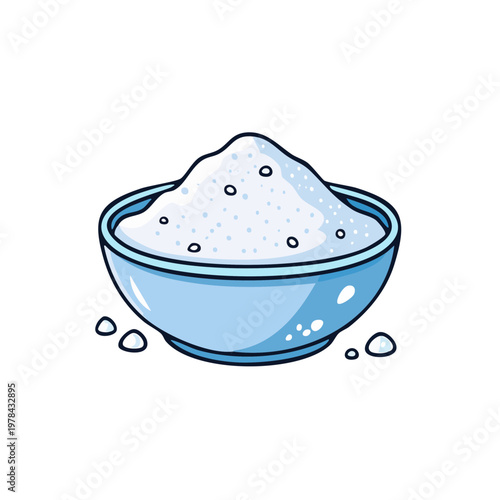 A shallow blue bowl filled with fine white powder and scattered granules