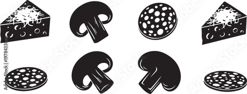 Mushroom icons, black and white fungi illustrations, edible mushroom graphics, vector set