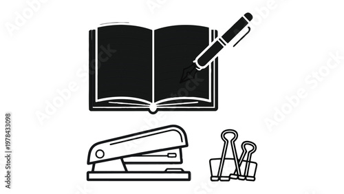 Stationery essentials: A minimalistic illustration featuring a classic open book, a sleek pen, a sturdy stapler, and two versatile binder clips, set against a pristine, uncluttered backdrop.