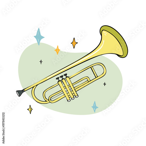 Vibrant trumpet illustration with shimmering stars and a soft green background for music and celebration