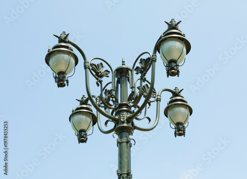 Decorative street lights in park of Parlament palace in Bucharest, Romania