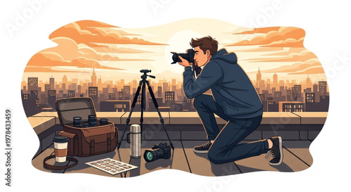 Professional Photographer Shooting City Skyline at Golden Hour