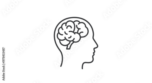 A simple line drawing depicts a human head in profile with a brain inside