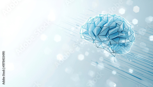 Clean, commercial abstract representation of Artificial Intelligence and machine learning. A stylized, geometric brain shape is meticulously formed by elegant, glowing fiber optic cables