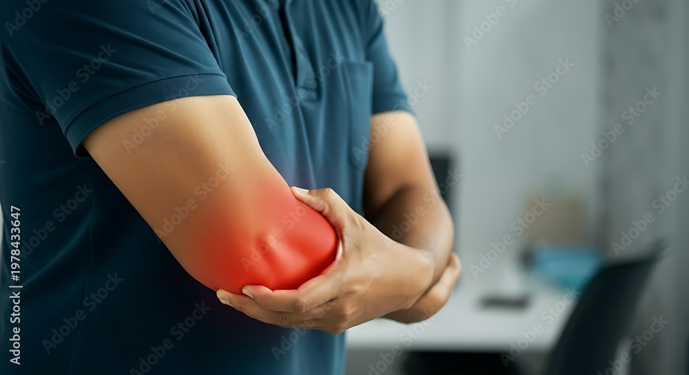 Obraz premium Close up of hands massaging a sore elbow joint, elbow pain, tennis elbow symptom, photorealistic, shallow depth of field