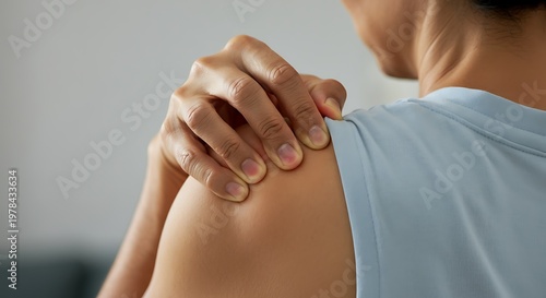 Close up of hands massaging a sore shoulder blade, shoulder pain symptom, photorealistic, shallow depth of field